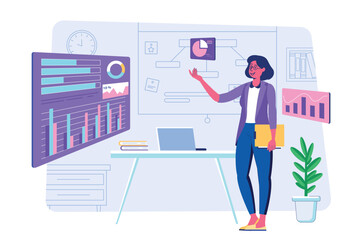 Data analysis concept with people scene for web. Woman works with data on dashboards, explores statistics on graphs and charts, makes financial reports. Vector illustration in flat perspective design