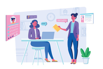 Employee hiring process concept with people scene for web. Woman submits resume for open vacancy. HR manager selects candidate and interviews at meeting. Vector illustration in flat perspective design