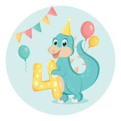 Cute baby dinosaur. Birthday invitation. four years, four months. Happy birthday greeting card.
