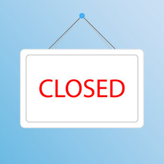 Red Closed hanging door sign. White sign isolated on a blue background. Vector eps 10 illustration