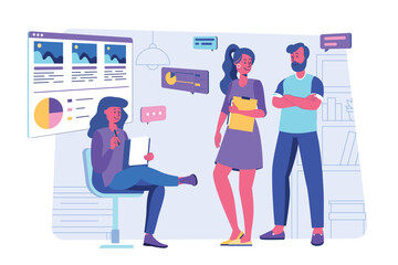 Focus group concept with people scene for web. Women and men working in team at business meeting, discussing and making marketing research of audience. Vector illustration in flat perspective design