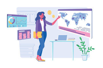 Global economic concept with people scene for web. Woman researching market and analysis business trends, developing international company and investing. Vector illustration in flat perspective design