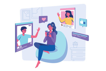 Social network concept with people scene for web. Woman surfing webpages and online blogs, scrolling feeds, likes and comments posts with friends photo. Vector illustration in flat perspective design