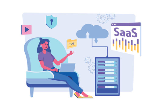 SaaS concept with people scene for web. Woman works on laptop, programming and cloud computing, using software as a service and buying programs access. Vector illustration in flat perspective design