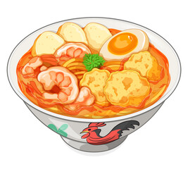 Laksa singapore noodles food menu close up illustration vector. Laksa malaysian street food. Asian shrimps (prawns) laksa soup recipe.