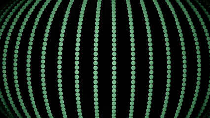 Abstract rows of small circles running fast and bending around the black spherical object. Design. Flying stripes of circles, seamless loop.
