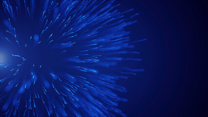 Abstract white star explosion in the blue sky. Motion. Starry background with space dust flying into all the sides.