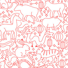 Chinese Zodiac Line Seamless Pattern. Vector Illustration of Outline Background.