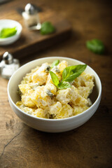 Traditional homemade potato salad with gherkins	
