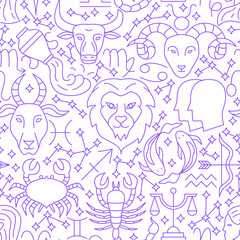 Horoscope Line Seamless Pattern. Vector Illustration of Outline Background.