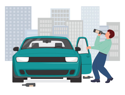 A man drinks alcohol from a bottle and holds on to the car door. Drunk driver. Alcohol addiction, harmful habit, danger to life and health. Vector illustration in flat style