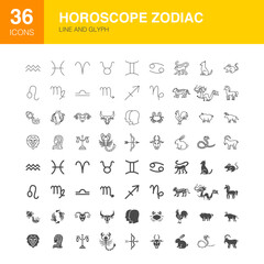 Zodiac Horoscope Line Web Glyph Icons. Vector Illustration of Chinese Year Outline and Flat Symbols. 