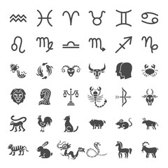 Zodiac Horoscope Solid Web Icons. Vector Set of Chinese Year Glyphs.