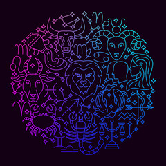 Zodiac Icon Circle Concept. Vector Illustration of Outline Design.