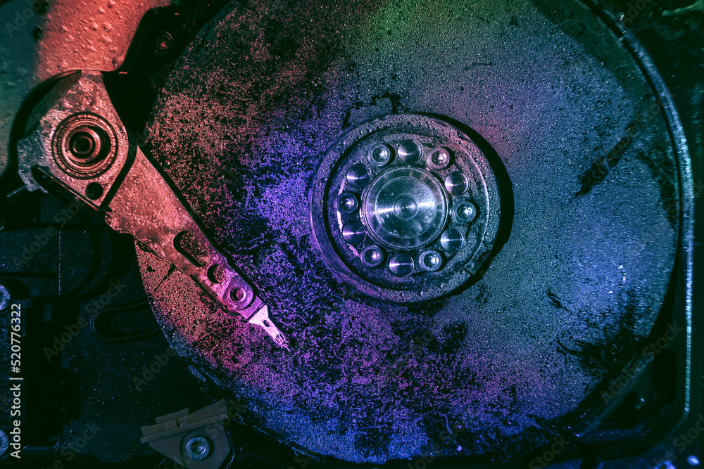 Poster Close up beautiful open detail frozen hard disk. Concept protection information or save user data.