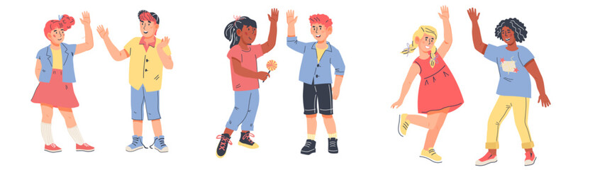 Children, little friends giving high five, cartoon flat vector illustration isolated on white background. Happy friendly kids. Boy and girls say hi.