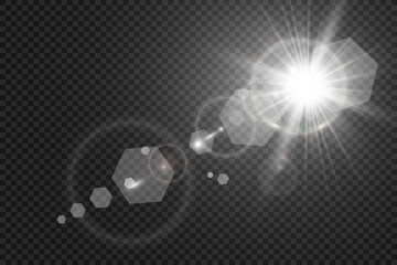 Special lens flash, light effect. The flash flashes rays and searchlight. illust.White glowing light. Beautiful star Light from the rays. The sun is backlit. Bright beautiful star. Sunlight. Glare.	