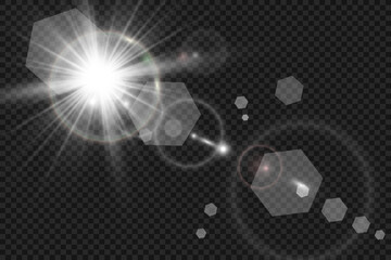 Special lens flash, light effect. The flash flashes rays and searchlight. illust.White glowing light. Beautiful star Light from the rays. The sun is backlit. Bright beautiful star. Sunlight. Glare.	