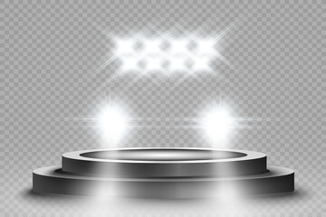	
Realistic white glow round beams of car headlights, isolated on transparent background. Police car. Light from headlights. Police patrol.
