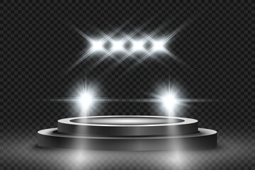   Realistic white glow round beams of car headlights, isolated on transparent background. Police car. Light from headlights. Police patrol. © NAUM