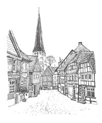 Travel sketch of Hattingen, Germany. Medieval building line art. Freehand drawing. Hand drawn travel postcard. Hand drawing of Hattingen. Urban sketch in black color isolated on white background.