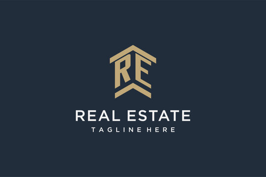 Initial RE logo for real estate with simple and creative house roof icon logo design ideas