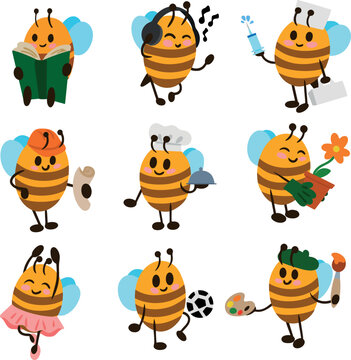 Set of cute bees. Various professions. Bee collection vector illustration isolated on white background. Design element for the design of brochures menu posters banners