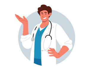Smiling doctor with stethoscope showing something.Vector illustration