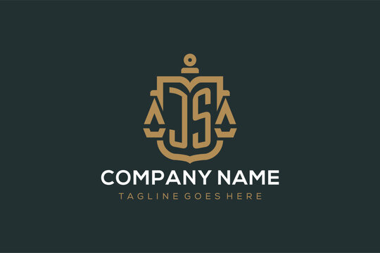 Initial JS logo for law firm with luxury modern scale and shield icon logo design