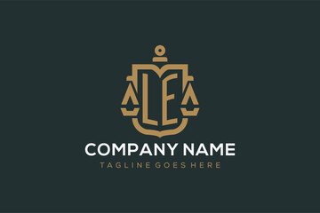 Initial LE logo for law firm with luxury modern scale and shield icon logo design - obrazy, fototapety, plakaty