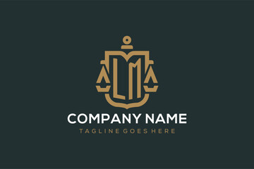Initial LM logo for law firm with luxury modern scale and shield icon logo design - obrazy, fototapety, plakaty