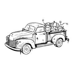 Pumpkin truck. Vector illustration isolated on a white background. Hand-drawn style.