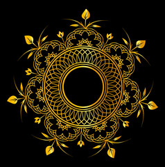  Golden circle floral ornament frame on black color
