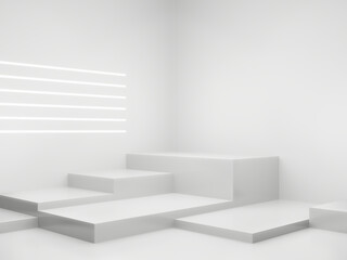 3D White Sci-Fi product display background. Scientific podium with white neon lights.