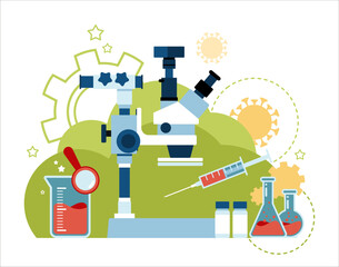 Laboratory and medical research. The concept of science, chemistry, medicine and knowledge. Research concept. Workspace concept with flat design.