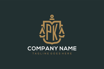 Initial PK logo for law firm with luxury modern scale and shield icon logo design - obrazy, fototapety, plakaty