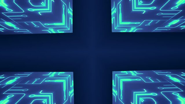 Untitled Project3D Animated Looped Circuit Board Room Floor and Ceiling blue neon grid (electrified field). Retro futuristic animation element. Board electronic CPU Wireframe low poly mesh technology 