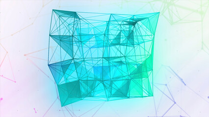 Abstract neon plexus transforming cube on a black background. Motion. 3D moving cubic silhouette in digital world.