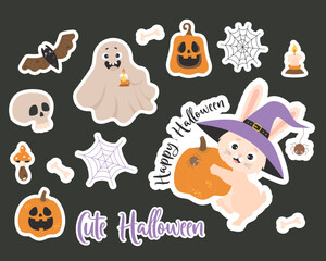 Halloween stickers. Cute rabbit character in witch hat with pumpkin and spider, pumpkin lantern jack, cobweb, ghost, bat and skull with bones. Isolated vector elements for decor, design and printing.