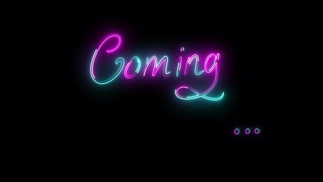 Animated Hand Drawn Calligraphy Pink and Blue Neon Sign Coming Soon Lettering Glowing Light Flickering With Motion Dotted Isolated on Line On Dark Blue Brick Wall Background. Exciting Event Concept.