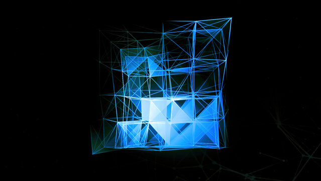 Abstract Neon Plexus Transforming Cube On A Black Background. Motion. 3D Moving Cubic Silhouette In Digital World.