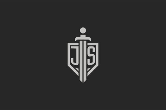Letter JS logo with shield and sword icon design in geometric style