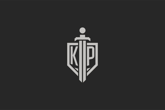 Letter KP logo with shield and sword icon design in geometric style