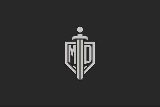 Letter MD logo with shield and sword icon design in geometric style