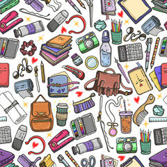 Vector fashion illustration. Back to school, various school supplies, artistic tools, stickers, set, handmade, light  background, seamless pattern
