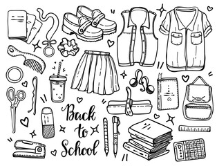 Vector fashion illustration. Back to school, various school supplies, school uniforms, handmade, set, stickers