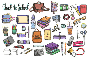 Vector fashion illustration. Back to school, various school supplies, artistic tools, stickers, set, handmade