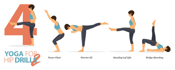 4 Yoga poses or asana posture for workout in hip drills concept. Women exercising for body stretching. Fitness infographic. Flat cartoon vector