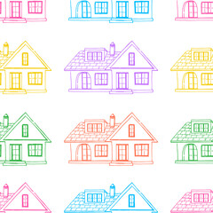 Seamless Pattern of colorful Houses illustration on isolated white background
