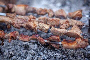 Georgian mtsvadi, Shashlik preparation. Smoking shashlik on the grill. BBQ